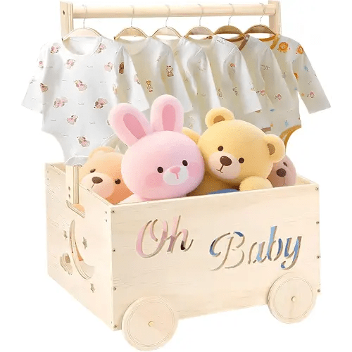 Wooden Baby Shower Crate Closet, Baby Shower Gifts Basket for Newborn Boys Girls, Personalized Babyshower Crate Box with Handle & Wheels, Pregnancy Gifts for New Mom Parents