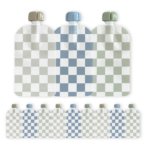 Hippypotamus Reusable Baby Food Pouches for Toddlers - BPA Free Food Grade - Dishwasher & Freezer Safe - Baby Food Containers - Refillable Squeeze Pouch For Applesauce & Yogurt - 12 Pack (Checkered)
