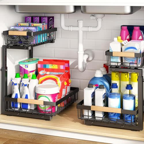 PXRACK 2 PACK Under Sink Organizer,Adjustable Height,2 Tier Pull Out Under Cabinet Organizer,Thickened Metal Shelf,Slide Out Under Sink Storage for Kitchen Bathroom Cabinet Laundry