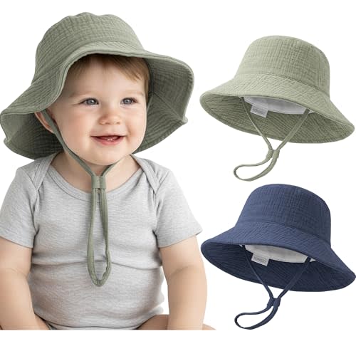 Konssy Muslin Baby Boy Sun Hat 2-Pack, Infant Sun Hat with Wide Brim, UPF 50+ Baby Beach Hat for 0-6 Months