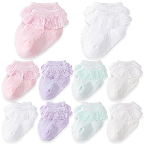 Baby Girl Lace Socks 10 Pack Newborn Ruffle Socks Cotton Ankle Dress Sock | Frilly Infant Baptism 0-12 Months