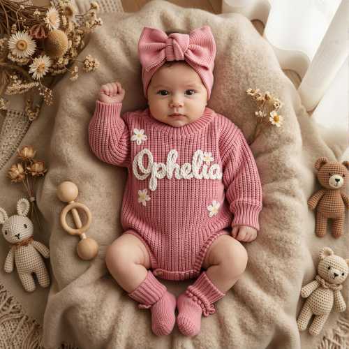 Hand Embroidered Name Baby Romper Set,Personalized Outfit, Baby Girl Romper, Coming Home, Organic Cotton Knit,Gender Neutral