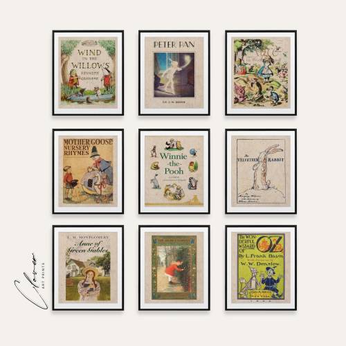 Children's Book Cover Art Prints | Set of 9 | Bookish Gift for Book Lovers and Bookworm | Vintage Digital Printable | Classic Book Lover Art