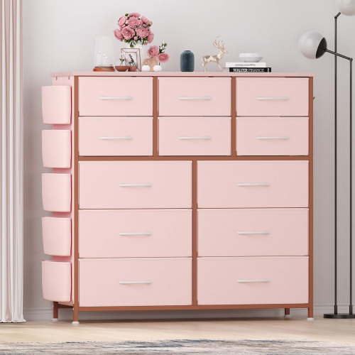 Towallmark 12 Drawer Dresser Chest of Drawers for Bedroom Living Room, Fabric Storage Organizer With Wood Top, Side Pockets & Hooks for Entryway, Hallway, Closet, Nursery, Pink