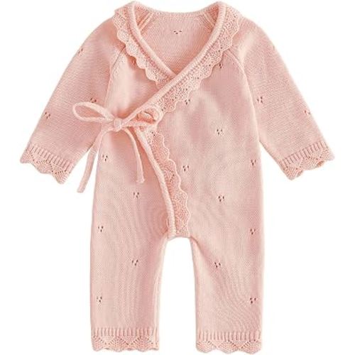 Kupretty Newborn Girl Outfit Baby Sweater Knit Romper Jumpsuit | Coming Home Outfit Baby Girl Knit Clothes Kimono Wrap Romper Fall Winter Clothes Long Sleeve Side Tie Footless Jumpsuit