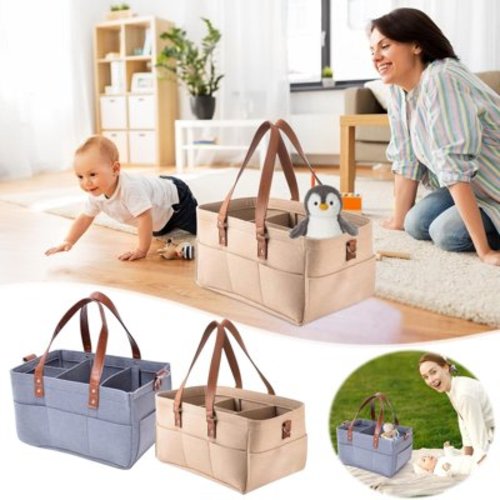 Foldable Storage Bag | Portable Nursery Organizer with Changeable Compartments | Large Capacity 8 Outside Pockets | Diaper Caddy for Baby Essentials | 33x18x15cm | Gray with Leather Handle | Travel