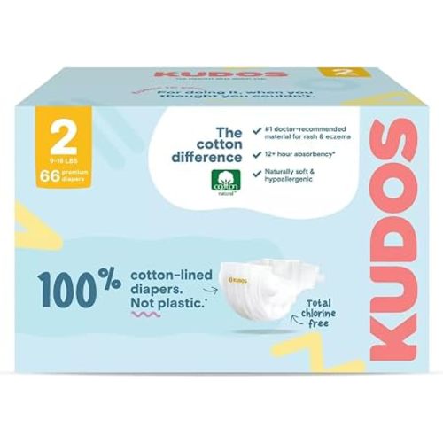 Kudos Size 2 Cotton-Lined Disposable Baby Diapers, 66 Count, Ultra Absorbent Baby Diapers, Soft Comfort, Gentle Materials, Secure Fit for Sensitive Skin
