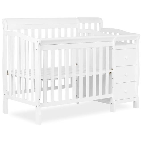 Dream On Me Jayden 4‑in‑1 Mini Convertible Baby Crib & Changer with Storage in White, Pinewood, GreenGuard Gold & BSA, 1” Mattress Pad, 3 Mattress Heights, Converts to Mini Day & Twin-Size Bed