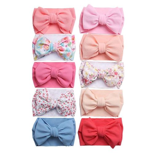 KIDOCHEESE Big Bows Hairbands, Soft Polyester & Nylon Hairband with Large Bows for Baby Girls Newborn Infant Toddlers Kids, 10 Colors in 1 Package