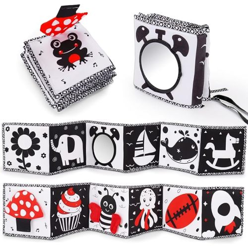 Black and White High Contrast Toys for Baby 0-3 3-6 months Infant Tummy Time Soft Book Sensory Musical Toy 0-2-4-6 month Babies Brain Development Montessori Crinkle Book Mirror Newborn Shower Gifts