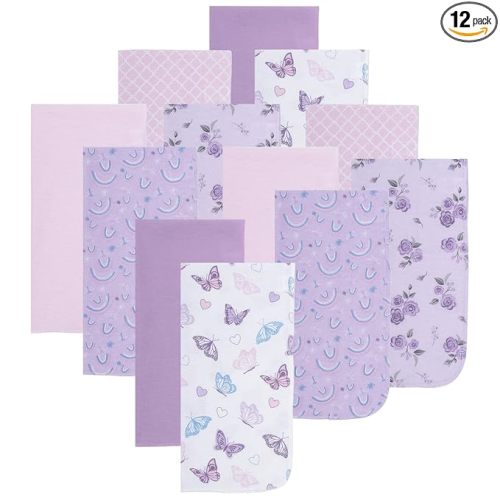 EVERYDAY KIDS 12 Pack Burp Cloths for Baby Girl; Newborn Essential with - Large Absorbent Cotton Flannel Purple/Pink Burping Cloths for Babies with Butterfly, Floral and Rainbow Prints and Solids
