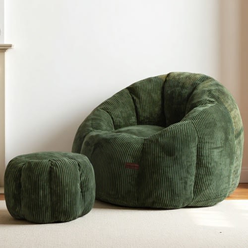 MAXYOYO Giant Green Corduroy Bean Bag Chair with Ottoman Pumpkin-Shaped Bean Bag Sofa with Footstool