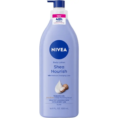 NIVEA Shea Nourish Body Lotion for Dry Skin with Hyaluronic Acid, Shea Butter and Deep Nourishing Serum, 48-Hour Body Moisturizer, 16.9 Fl Oz Pump Bottle