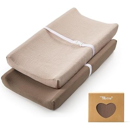 TILLYOU Muslin Changing Pad Cover for Baby Girls Boys, Soft and Breathable Cotton Diaper Changing Table Cover, 2 Pack(Brown&Light Brown)