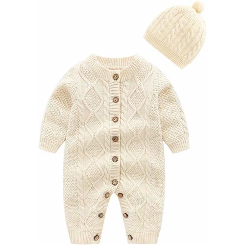 Baby Newborn Cotton Knitted Sweater Romper Longsleeve Outfit with Warm Hat Set
