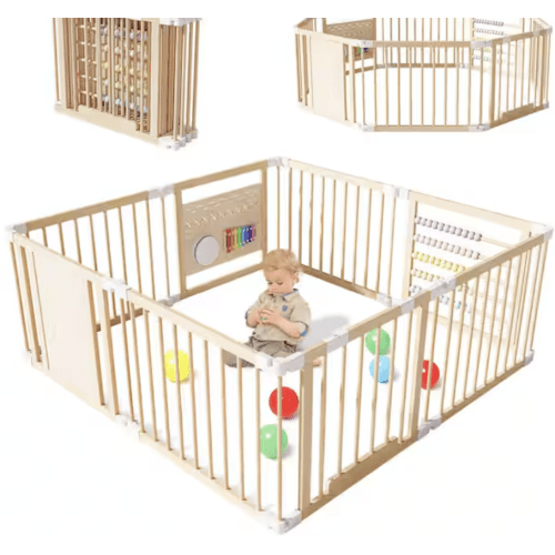 BOZTIY Foldable Wooden Baby Playpen Activity Center Adjustable Size and Shape Portable Large Playard Baby Fence Play Area I1600280-YM-MHD01