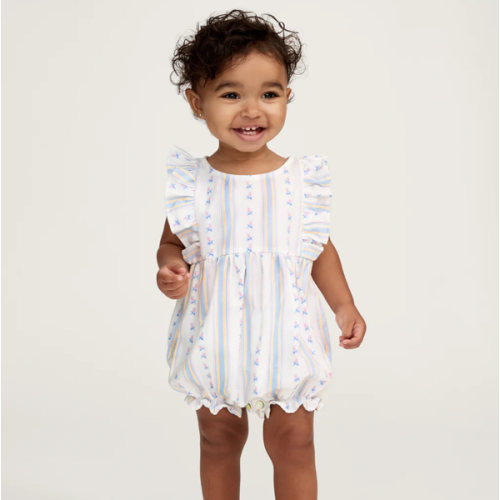Baby's Twill Ruffled Romper in Cottage Stripe | Over The Moon
