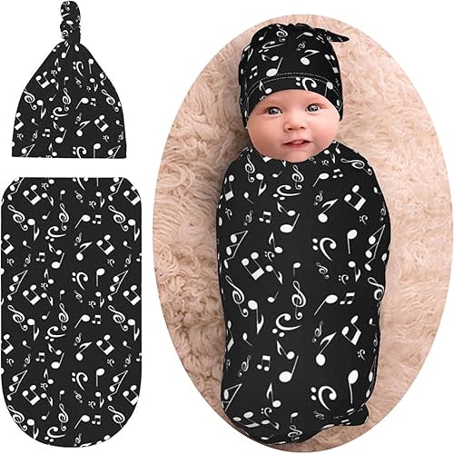 Music Black Newborn Swaddle Blankets Baby Stuff Soft Swaddle Sack Swaddling Blanket With Beanie Sets Gifts For Infant Boys Girls