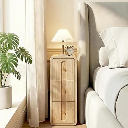 Narrow Nightstand with 3 Drawers, Small Bedside Table, Mid Century Modern Skinny Night Stand with Storage, Wood Slim Side Table for Bedroom, Small Spaces, Living Room (Natural-1pcs)