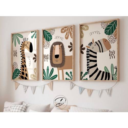Safari Animal Nursery Prints, Jungle Decor, Set of 3 (Digital Download)