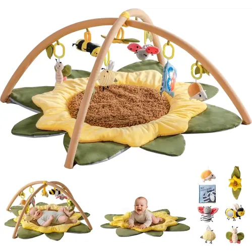 ROBOTIME Baby Play Gym with Baby Gym Play Mat – 7 Detachable Sensory Toys for Visual, Tactile, Auditory & Cognitive Development, Easy to Clean Cotton Mat, Ideal for Play Gyms for 0-6 Months Infants
