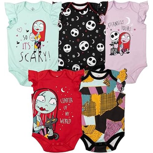 Disney Nightmare Before Christmas Sally Jack Skellington Baby Girls 5 Pack Bodysuits Newborn to Infant