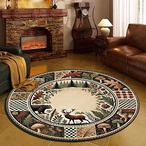 Round Lodge Cabin Bear Deer Area Rugs 5ft Woodland Mushroom Animal Plants Print Rugs Rustic Cicular Floor Mat for Living Room Home Decor