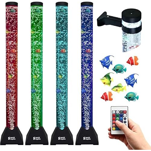 Special Supplies Aquarium Sensory Fish Bubble Light Tube with 16 LED Color Changing Nightlight Effect, Remote Control, and 8 Fishes, Colorful Floor Standing Lamp for Kids and Adults (4 feet)
