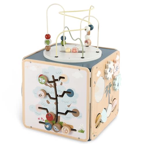 FReniland Wooden Montessori Activity Cube for Toddlers, Large 7-in-1 Multi-Activity Learning Center with Flip-Over Storage Top, 12.4" x 12.4" x 20" Educational Toy for 1 2 3 Year Old Boys Girls