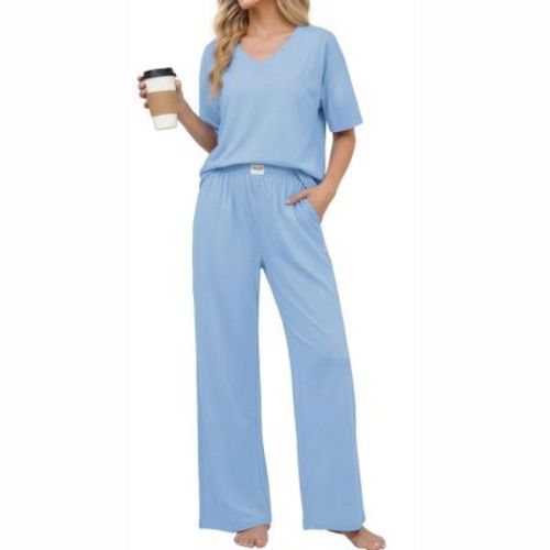 Ekouaer Women' Cotton Pajama Sets Soft Short Sleeve Pjs Long Pants Set Breathable Sleepwear Loungewear Light Blue XL