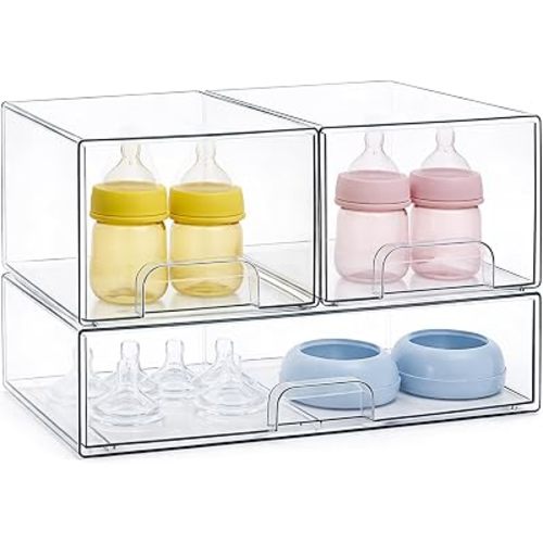 Baby Bottle Organizer, Clear Stackable Storage Drawers Set of 3 for Baby Bottle, Beauty Supplies Storage, Ideal for Countertop, Vanity, Bathroom, Cabinet, Pantry Organization, 3 Pack