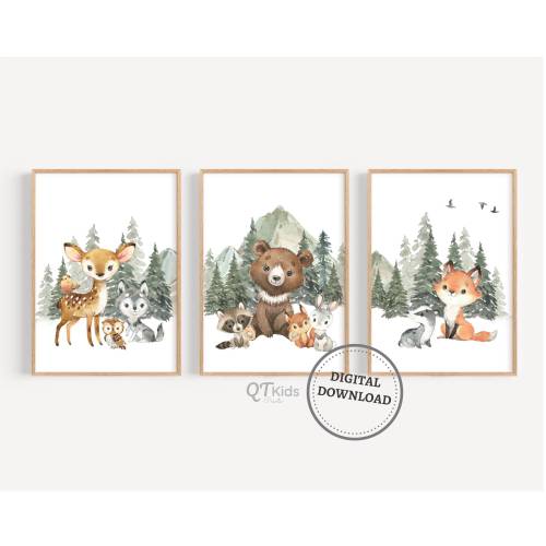 Woodland Nursery Prints, Woodland Nursery Decor, Gender Neutral Set of 3 Woodland Animal Posters, Baby Animal Wall Art, DIGITAL DOWNLOAD
