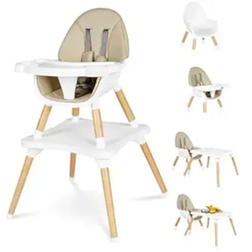 6 in 1 High Chair for Babies & Toddlers, Convertible Wooden Baby Highchair, Table and Chair Set, Baby Feeding Chair, 5-Point Adjustable Harness/4-Position Removable Tray& PU Seat Cushion(Beige)