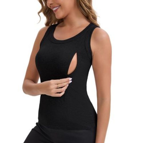 INSPIRE CHIC Women's Zippers Nursing Tank Wide Straps U-Neck Long Postpartum Tank Undershirts Medium Black