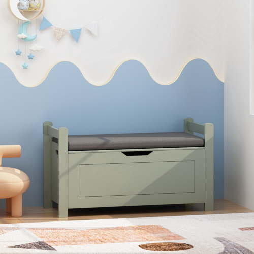Peispie Kids Toy Box Chest with Cushion Seat Bench, White Toy Storage Organizer Trunk, Large Cabinet with Flip-Top Lid & Safety Hinge for Nursery, Playroom, Bedroom, Sage