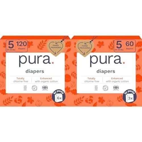 Pura Sensitive Skin Baby Diapers | Size 5 (24-35 lbs) | Bulk, Hypoallergenic, Totally Chlorine Free, Fragrance Free, | 9 Packs of 20 (180 Diapers)