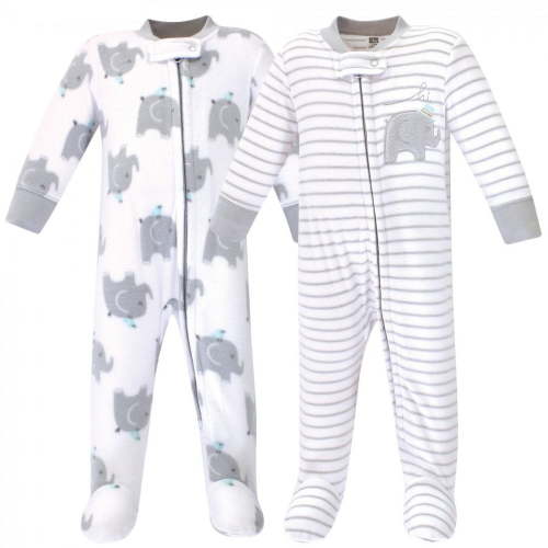 Hudson Baby Baby Fleece Zipper Sleep and Play 2pk, Elephants, 0-3 Months