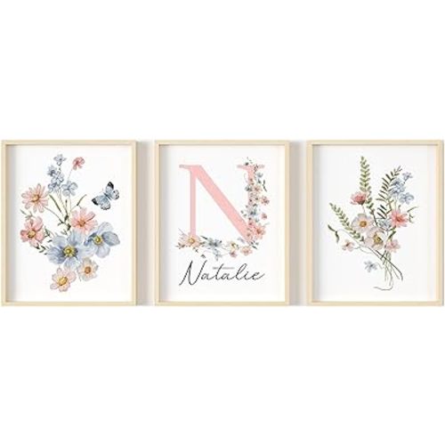 Personalized Wildflower Nursery Prints, Custom Floral Name Wall Art, Baby Girl Initial Monogram Posters, Boho Watercolor Wild Flower Artwork - Unframed (Pink and Blue Meadow, 11x14)