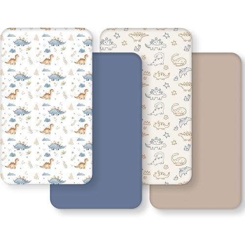 Baby Crib Sheets for Boys and Girls, Toddler Bed Sheets Fitted for 52”x28”Standard Crib and Toddler Mattresses, 4 Pack Soft Stretchy Microfiber Khaki Blue Dinosaur