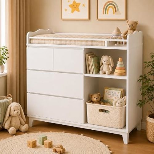 Feonase Baby Changing Table with Storage, Tall Nursery Changing Station with 4 Drawers & 2 Open Shelves, Wooden Storage Cabinet for Nursery, Bedroom, White