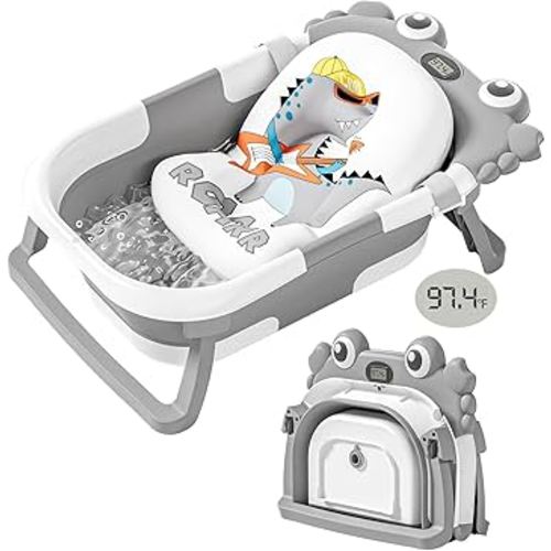 Collapsible Baby Bathtub for Newborns with Thermometer and Soft Floating Cushion Portable and Foldable Travel Baby Boy Bath Tub for Infants to Toddler 0-36 Month (Grey)