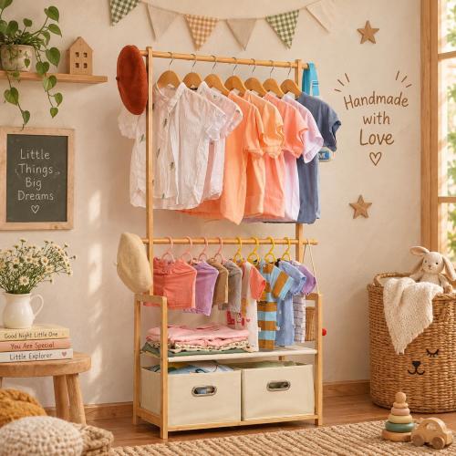 Bamboo Kids Clothing Rack with Storage Baskets