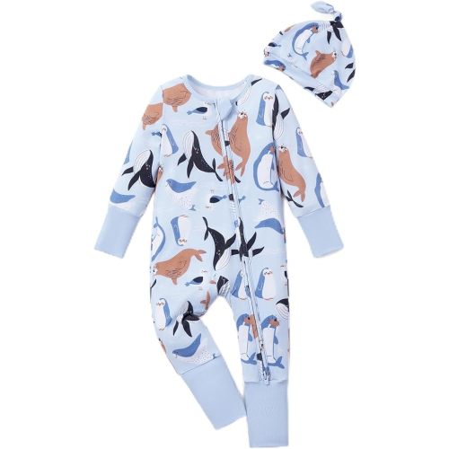 PATPAT Baby Girl Boy Footie Clothes, Bamboo Viscose, 2-Way Zipper, Fold-Over Mittens & Cuffs with Hat/Headband
