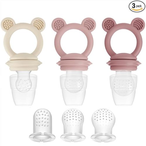 PandaEar 3 Pack Fruit & Food Feeder Pacifier, Silicone Feeder Pacifier with 3 Sizes Pouches (Pink/Linen)