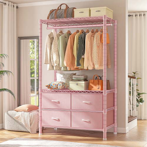 71" H Clothes Rack with Fabric Drawers, Freestanding Garment Rack with Metal Wire Shelf, Pink