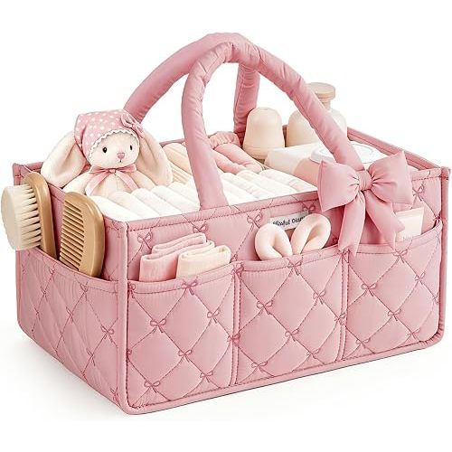 Blissful Diary Baby Diaper Caddy Organizer, Nursery Basket, Bow Light Pink
