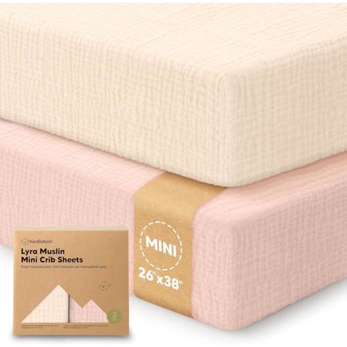 2-Pack Muslin Mini Crib Sheets for Boys, Girls, 38x26 Fitted Sheet (Cameo) | Pack and Play Sheets, Organic Cotton, Compatible with Graco Pack N Play Mattress, Toddler Playard Bedding, Soft Breathable