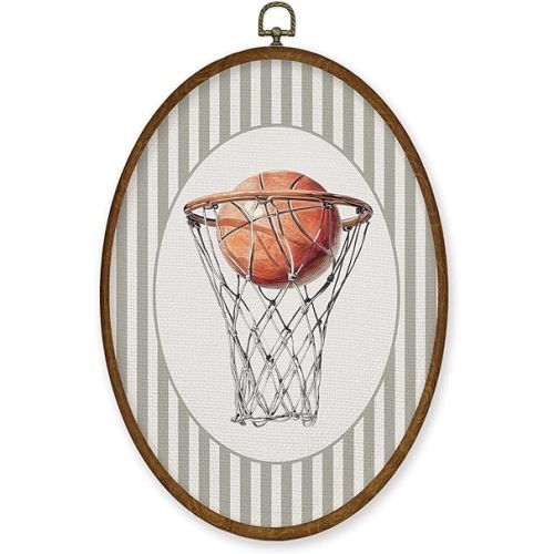 WULQYING Basketball Nursery Wall Art Decor, Sports Nursery Boys Room Oval Framed Canvas Art Prints, Neutral Striped Sport Lover Gift Wall Hanging Decor for Kids Boys Room Playroom, 8.5x11.3 Inches