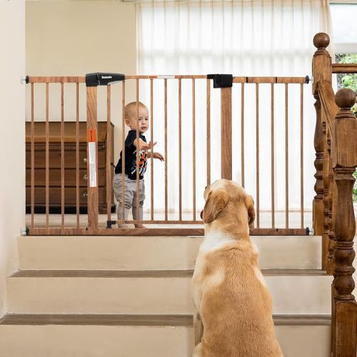 BABELIO 29-55" Extra Wide Baby Gate with Wood Pattern, Metal Auto Close Dog Gate, Pressure Mounted Pet Gate for Doorways, with Y Threaded Spindle Rods, No Tools Required