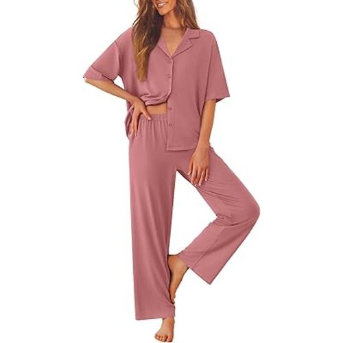 Ekouaer Women Pajamas Set Button Down Sleepwear Short Sleeve Pjs Soft Comfy Nightwear with Long Pants S-XXL